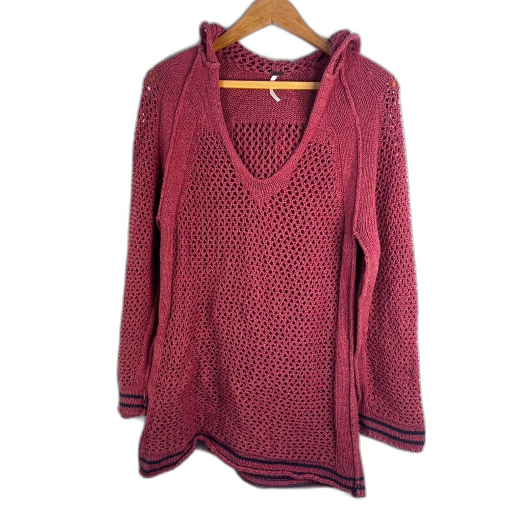 Free People Shadow Stripe Open Knit Hooded Sweater Beachy Boho Size Small